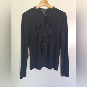 Lauren Ralph Lauren Black Victorian Lace Ruffle Neckline Blouse Size Medium